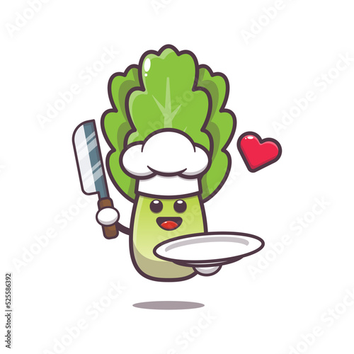 Cute chef lettuce charater cartoon illustration. Cute vegetable icon vector illustration.