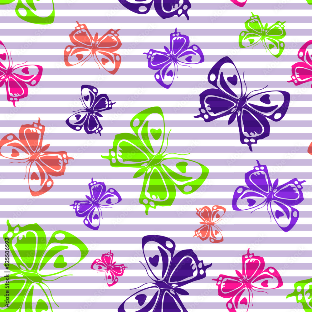 Obraz premium Flying butterfly silhouettes over striped background vector seamless pattern.