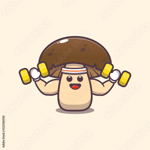 Strong fitness mushroom charater cartoon illustration. Cute vegetable icon vector illustration.