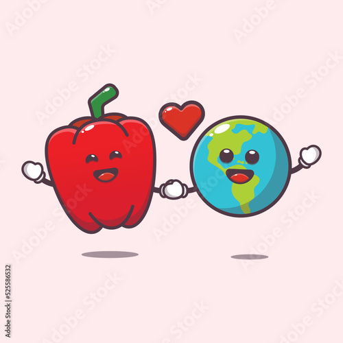 Cute red paprika and earth charater cartoon illustration. Cute vegetable icon vector illustration.