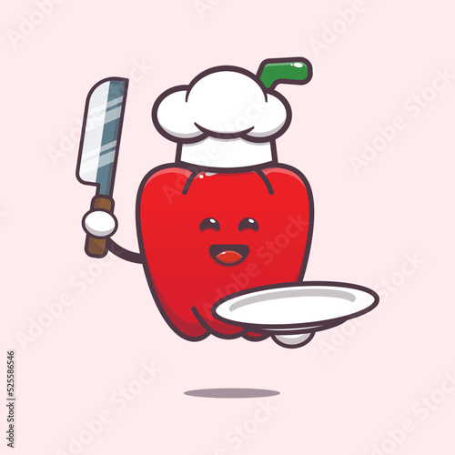 Cute chef red paprika charater cartoon illustration. Cute vegetable icon vector illustration.