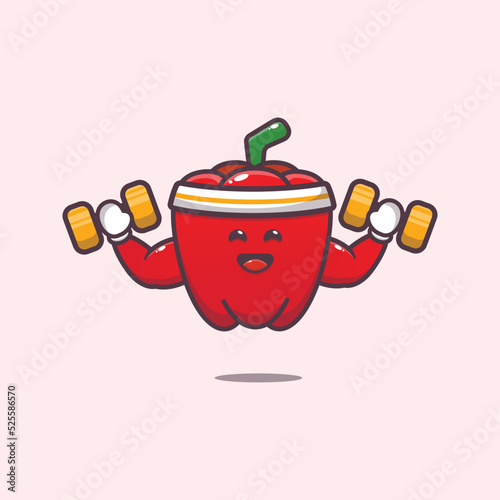 Strong fitness red paprika charater cartoon illustration. Cute vegetable icon vector illustration.
