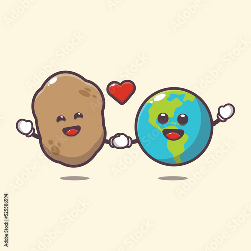 Cute potato and earth charater cartoon illustration. Cute vegetable icon vector illustration.