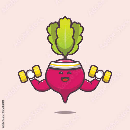 Strong fitness radish charater cartoon illustration. Cute vegetable icon vector illustration.