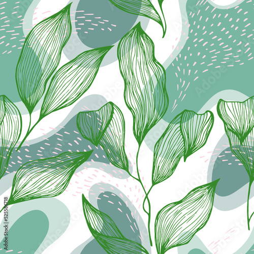 Sketch style doodle line texture leaves over stains and dots seamless vector ...