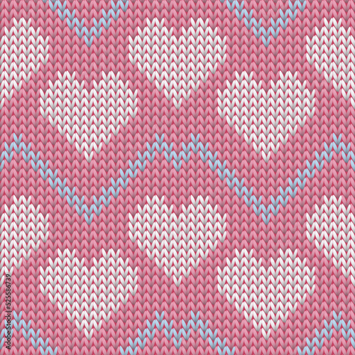 Hygge heart knit scandinavian vector seamless pattern. Knitted imitation valentine