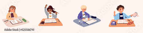 Set of children sitting on the lesson at school. Boys and girls are back to school. Pupils writing and reading. Back to school concept. Collection of students. Flat vector illustration.