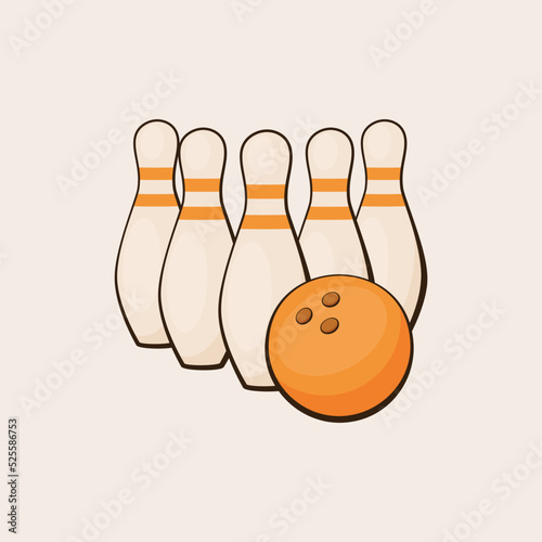 Orange bowling ball and skittles. Vector sports logo, badge