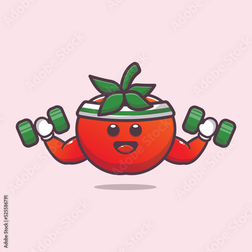 Strong fitness tomato charater cartoon illustration. Cute vegetable icon vector illustration.
