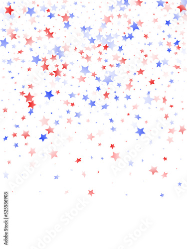 Flying red blue white star sparkles on white vector american patriotic background.