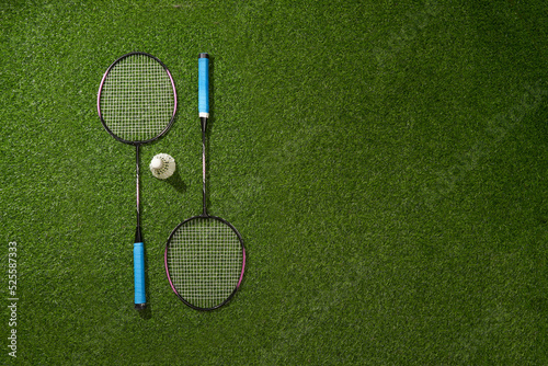 Badminton racket and shuttlecock on green grass background.