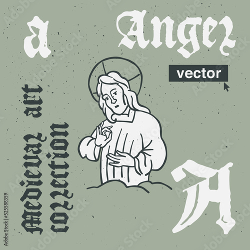 Angel vector engraving style illustration. Medieval art with blackletter calligraphy.
