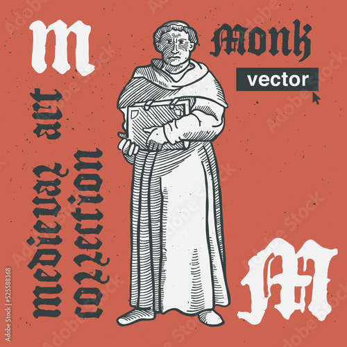 Monk and angels vector engraving style illustration. Medieval art with blackletter calligraphy.