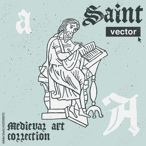 Monk and angels vector engraving style illustration. Medieval art with blackletter calligraphy.