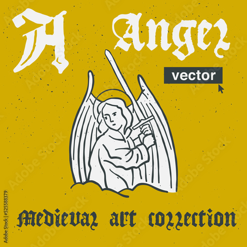 Angel vector engraving style illustration. Medieval art with blackletter calligraphy.