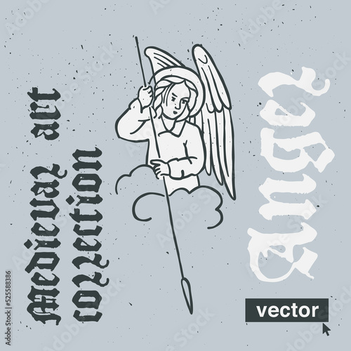 Angel vector engraving style illustration. Medieval art with blackletter calligraphy.