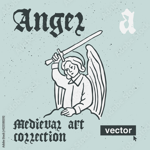 Angel vector engraving style illustration. Medieval art with blackletter calligraphy.
