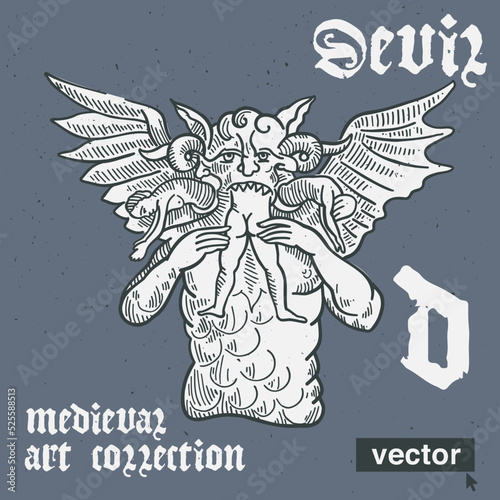 Devil eating mans vector engraving style illustration. Medieval art with blackletter calligraphy.