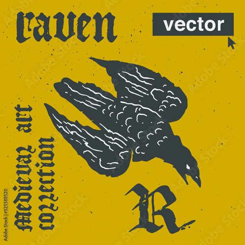 Raven vector engraving style illustration. Medieval art with blackletter calligraphy.