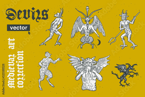 Devils collection vector engraving style illustration. Medieval art with blackletter calligraphy. photo