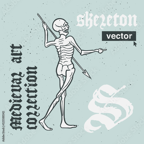 Skeleton vector engraving style illustration. Medieval art with blackletter calligraphy.