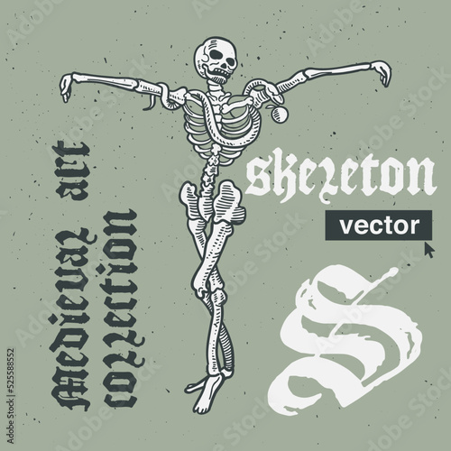 Skeleton vector engraving style illustration. Medieval art with blackletter calligraphy.