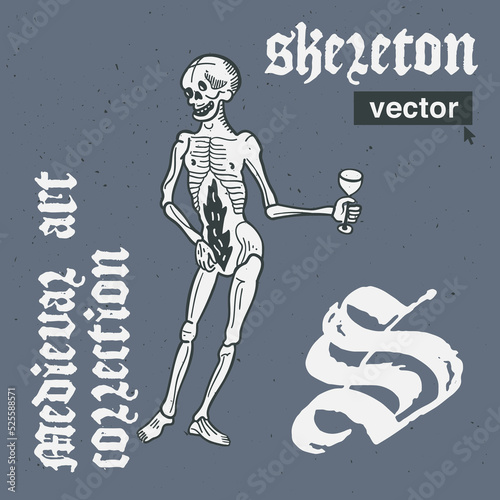 Skeleton vector engraving style illustration. Medieval art with blackletter calligraphy.