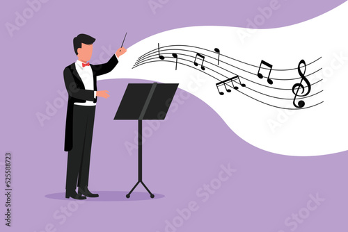 Business flat cartoon style drawing man music conductor. Musician perform on stage directing symphony orchestra. Classical music performance, instrumental ensemble. Graphic design vector illustration