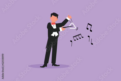 Business design drawing male musician playing musical triangle. Classical music orchestra man artist with music instrument. Professional musician performs on stage. Flat cartoon vector illustration