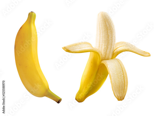 Grupo de bananas - Banana descascada e banana inteira em fundo branco
