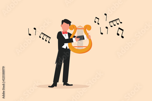 Business flat cartoon style drawing male musician playing lyre. Classical music orchestra man artist with music instrument. Professional musician performs on stage. Graphic design vector illustration