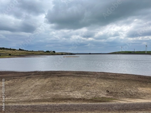 Aerial view of a reservoir with low water levels due to the hot and dry weather in England. Taken in Lancashire. 