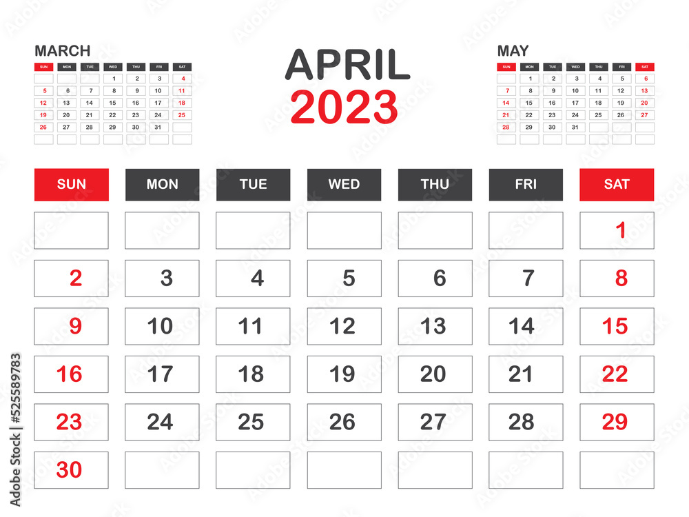 Calendar 2023 template minimal style, April 2023 template, Desk calendar 2023 year, Wall calendar, Week starts on sunday, Planner, Printing media, poster, advertisement, Red background vector Calendar 2023 template minimal style, April 2023 template, Desk calendar 2023 year, Wall calendar, Week starts on sunday, Planner, Printing media, poster, advertisement, Red background vector