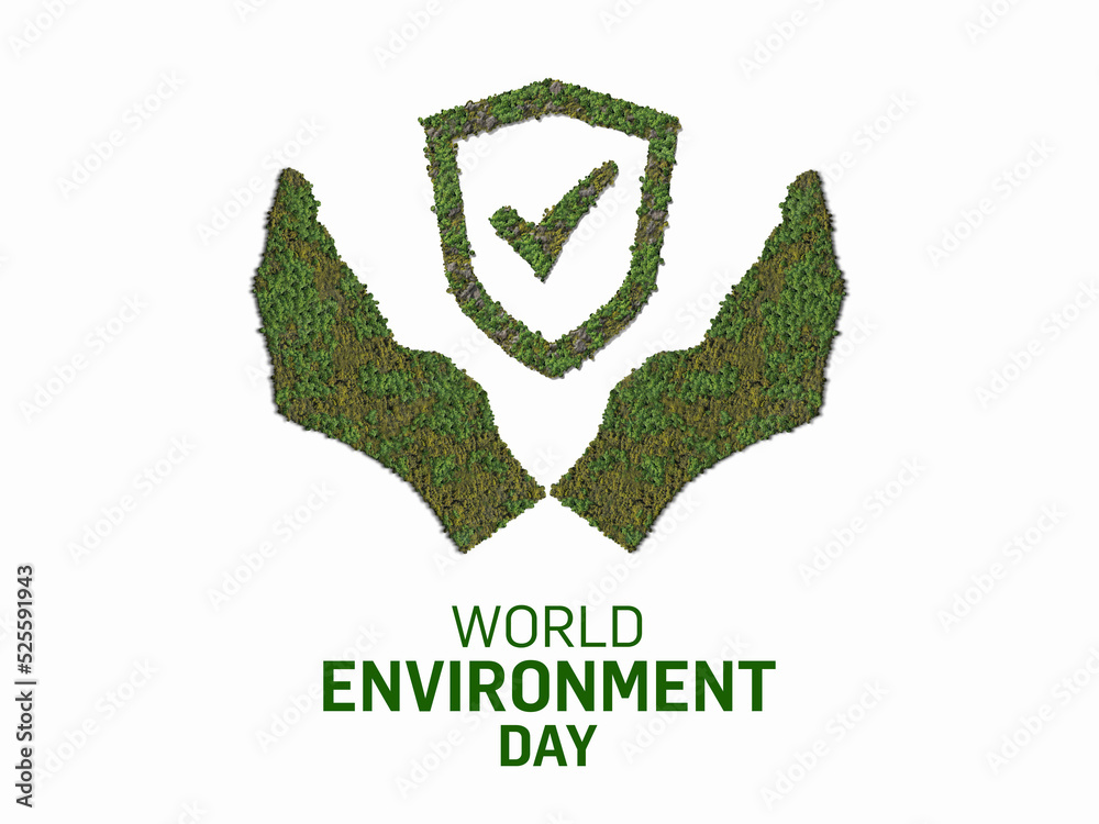 3D Hands holding green safety symbol. Save Earth concept. World ...