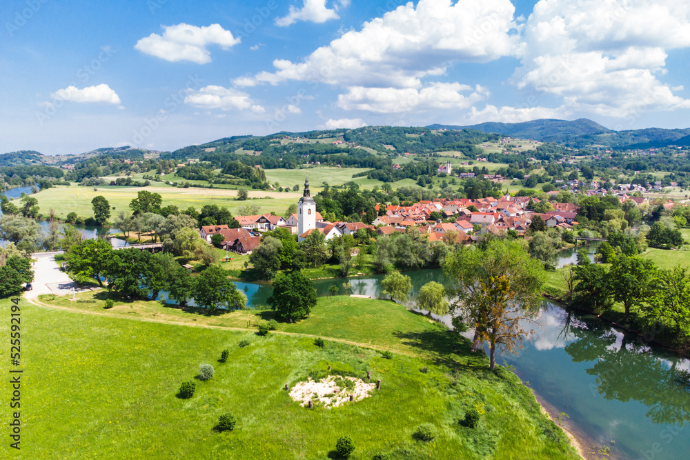 Kostanjevica na Krki Medieval Town Surrounded by Krka River, Slovenia, Europe. Aerial view.