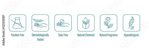 paraben free, dermatologically tested, toxic free, natural chemicals, hypoallergenic icon set vector illustration 