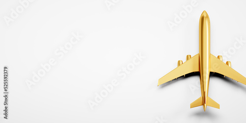 Golden Plane toy model on white backdrop with copy space - 3D Illustration	 photo