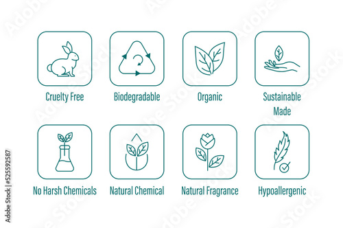 cruelty free, biodegradable, organic, sustainable made, no harsh chemicals, natural chemical, natural fragrance, hypoallergenic icon set vector illustration 