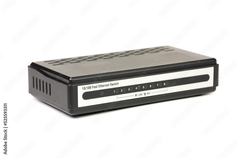 8-port network switch isolated on white background. Components to create local area network for share data and device. 8-port network switch isolated on white background. Components to create local area network for share data and device.