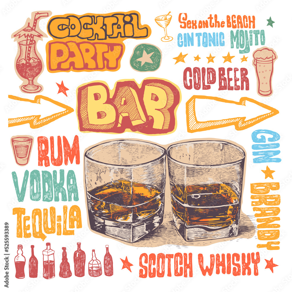 Retro design with bar symbols set. Isolated hand drawn design elements
