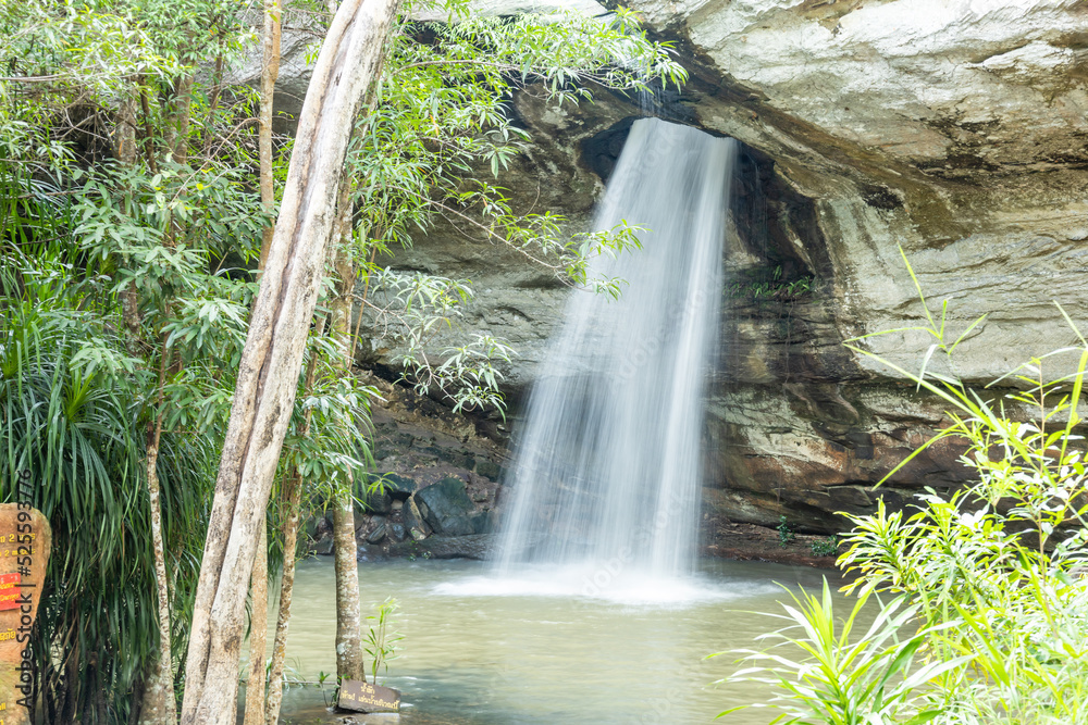 Saeng Chan waterfall in the deep humid forest at Ubon Ratchathani, Thailand, Leaf moving low-speed shutter blur.