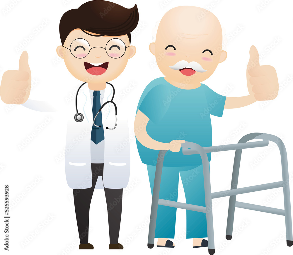 Doctor caring for elderly old man with walking stick and showing thumbs up. Doctor caring for elderly old man with walking stick and showing thumbs up.