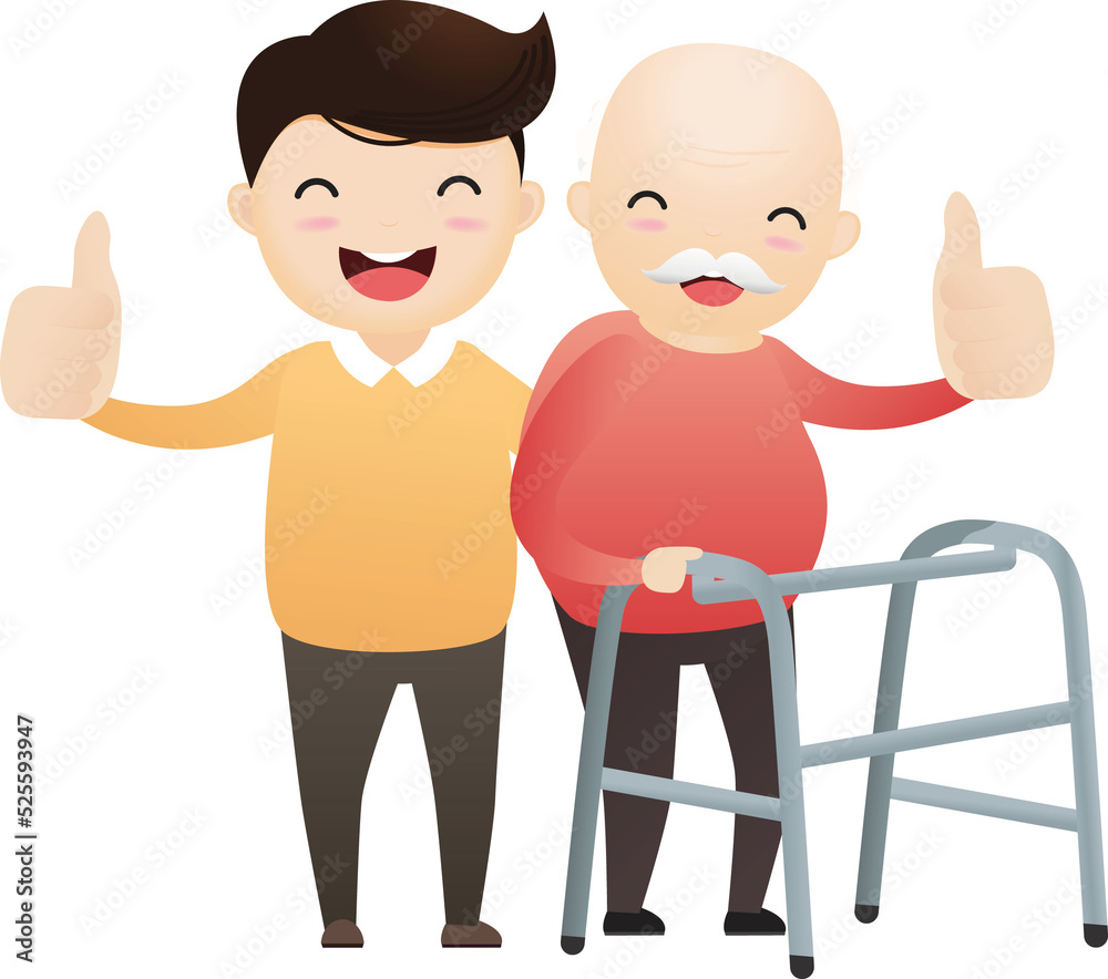 Fototapeta premium Man caring for elderly old man with walking stick and showing thumbs up.