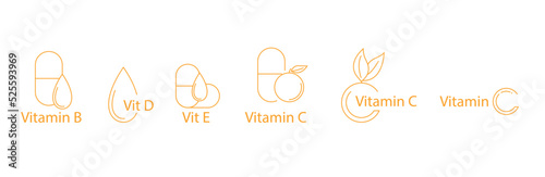 Vitamin b, vitamin d, vitamin e, vitamin c icon set vector illustration 