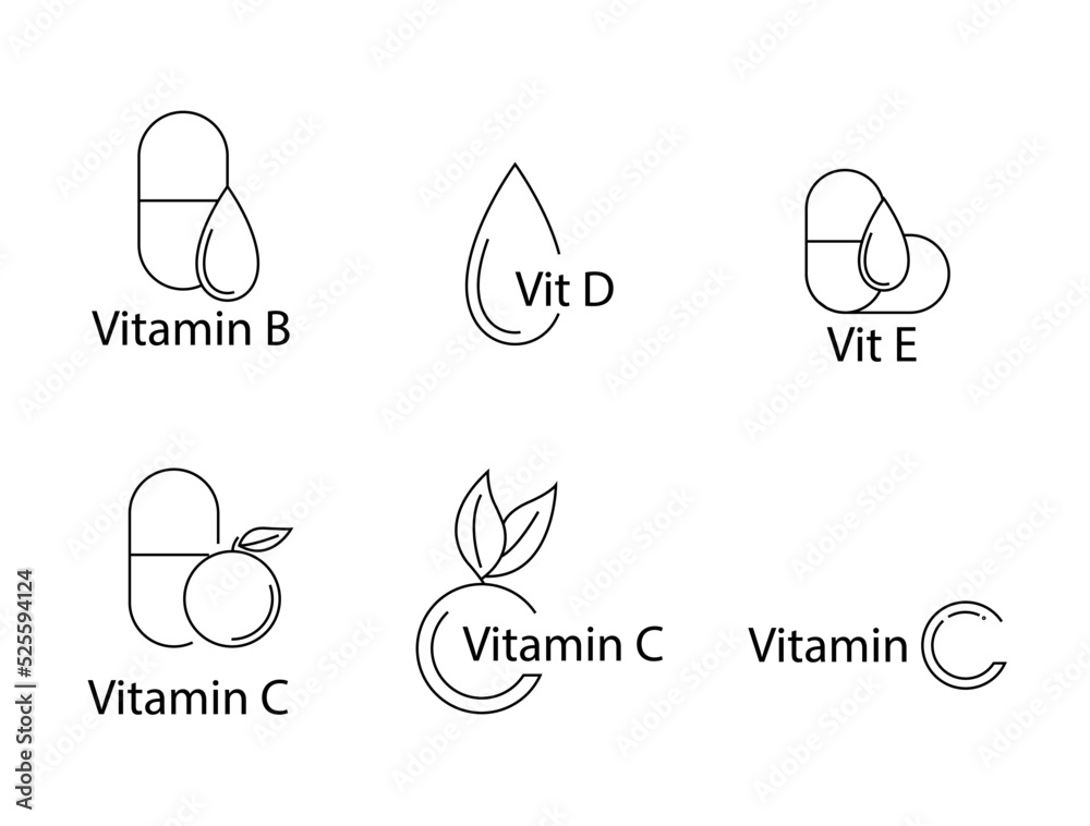 Vitamin b, vitamin d, vitamin e, vitamin c icon set vector illustration Stock Vector Adobe Stock