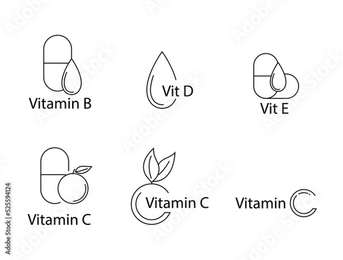 Vitamin b, vitamin d, vitamin e, vitamin c icon set vector illustration 