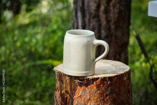 Large white ceramic beer cup with handle standing on cut tree stump in forest grass