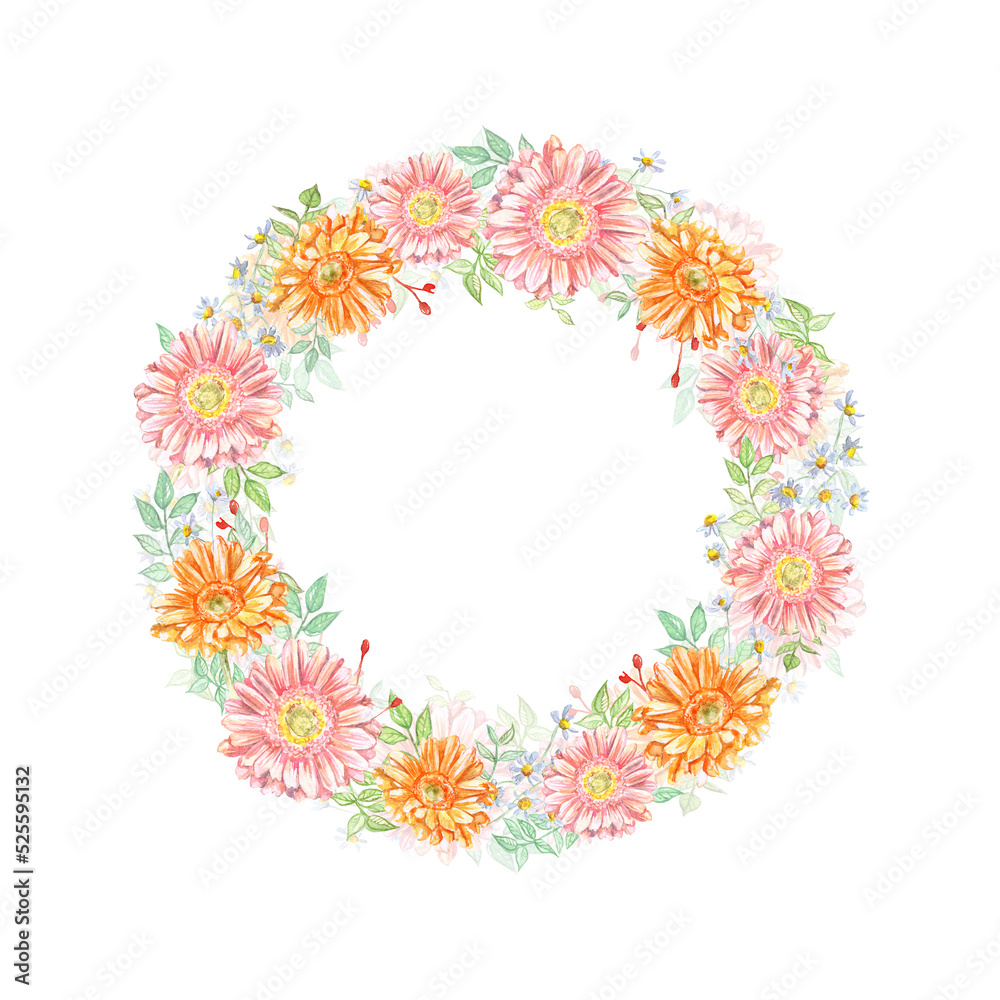 Watercolor floral garland with chrysanthemums and chamomile and leaves isolated on white background. Hand drawn art for weddings, invitation, save the date, cards, greetings design.