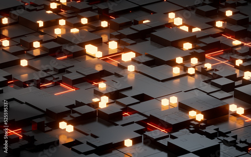 Glowing cubes with black materials science and technology, 3d rendering.