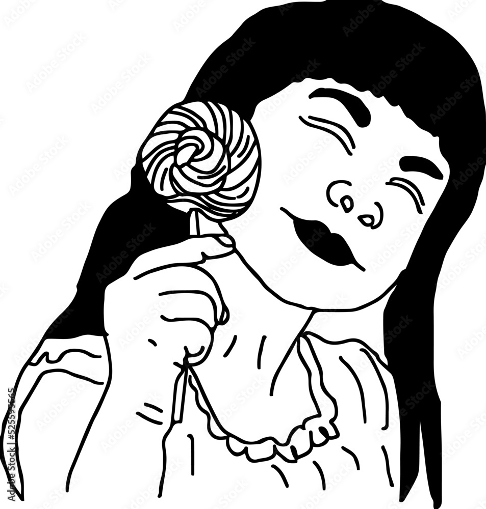 Kid Girl holding loly pop cartoon drawing, young girl holding candy doodle, Sketch drawing of hand holding lollipop, line art vector silhouette of girl holding sweet candy Kid Girl holding loly pop cartoon drawing, young girl holding candy doodle, Sketch drawing of hand holding lollipop, line art vector silhouette of girl holding sweet candy